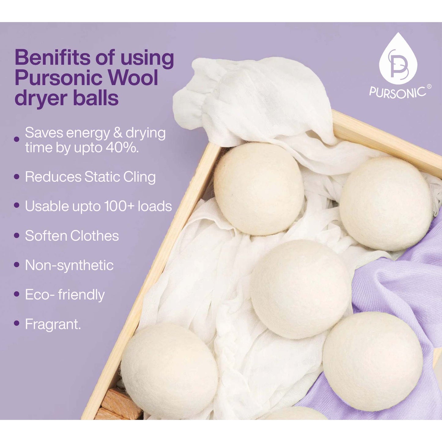 Pursonic Wool Dryer Balls Bundle – 3-Pack of Reusable Laundry Balls Made from Pure New Zealand Wool + Lavender & Peppermint Essential Oils