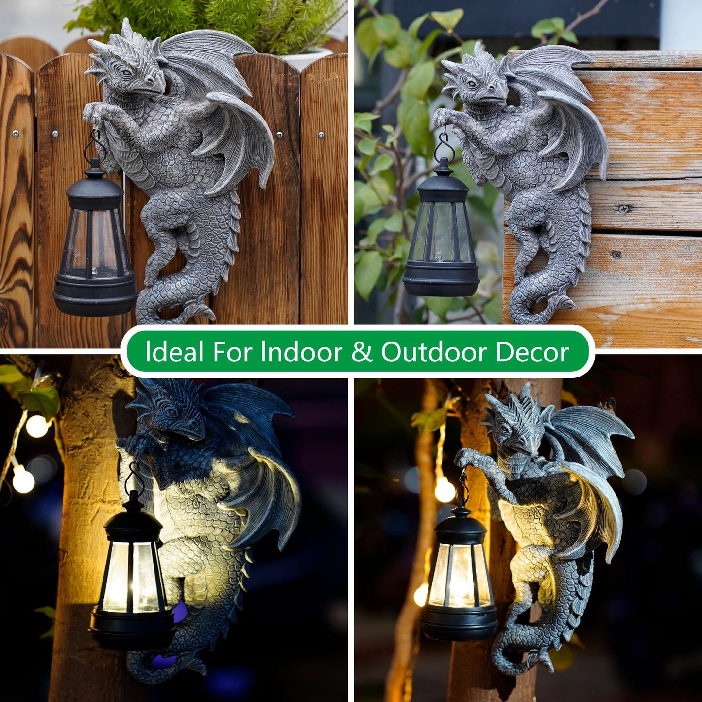 Solar-Powered Dragon Statue with LED Lantern - Gothic Outdoor Wall Hanging Decor