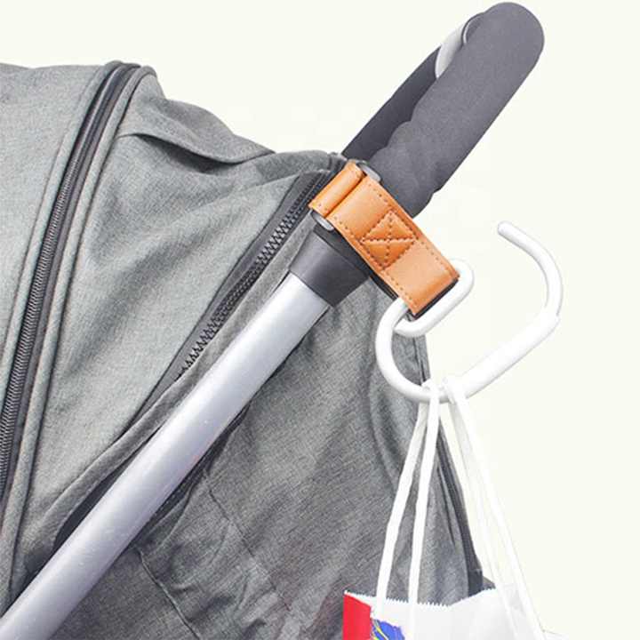 Grey Stroller Hooks 4-Pack - Leather and Alloy Pram Hooks with Velcro for Mom Bags and Accessories