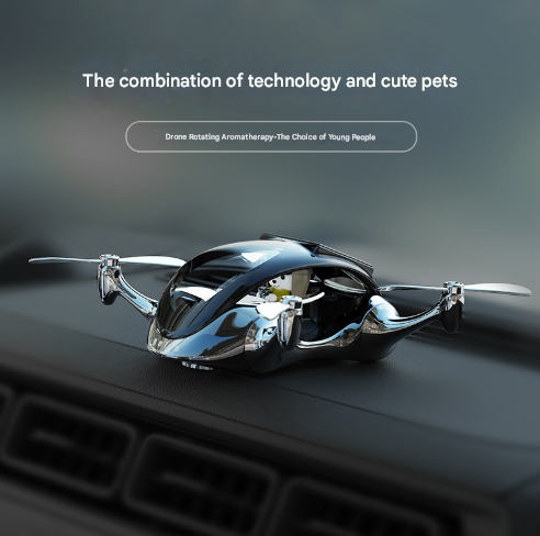 Silver Solar Powered Drone Car Air Freshener - Rotating Propeller Vehicle Scent Diffuser Ornament