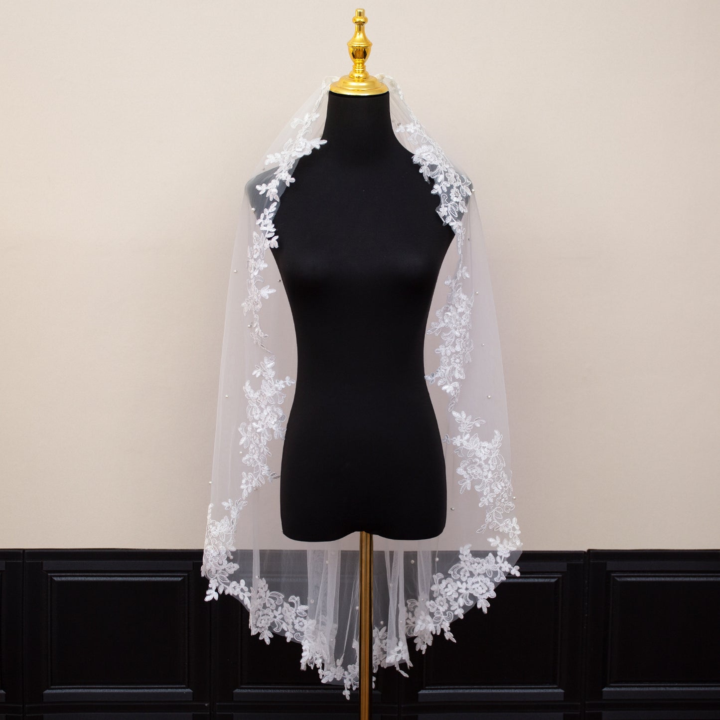 White Elegant Long Bridal Veil with Pearl Accents & Lace Edge - Includes Metal Comb