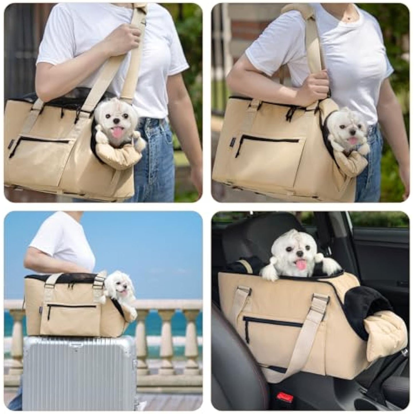 Versatile Pet Carrier Tote Bag for Small Dogs & Cats - Waterproof, Car Seat Function & Adjustable Safety Exit(Khaki)
