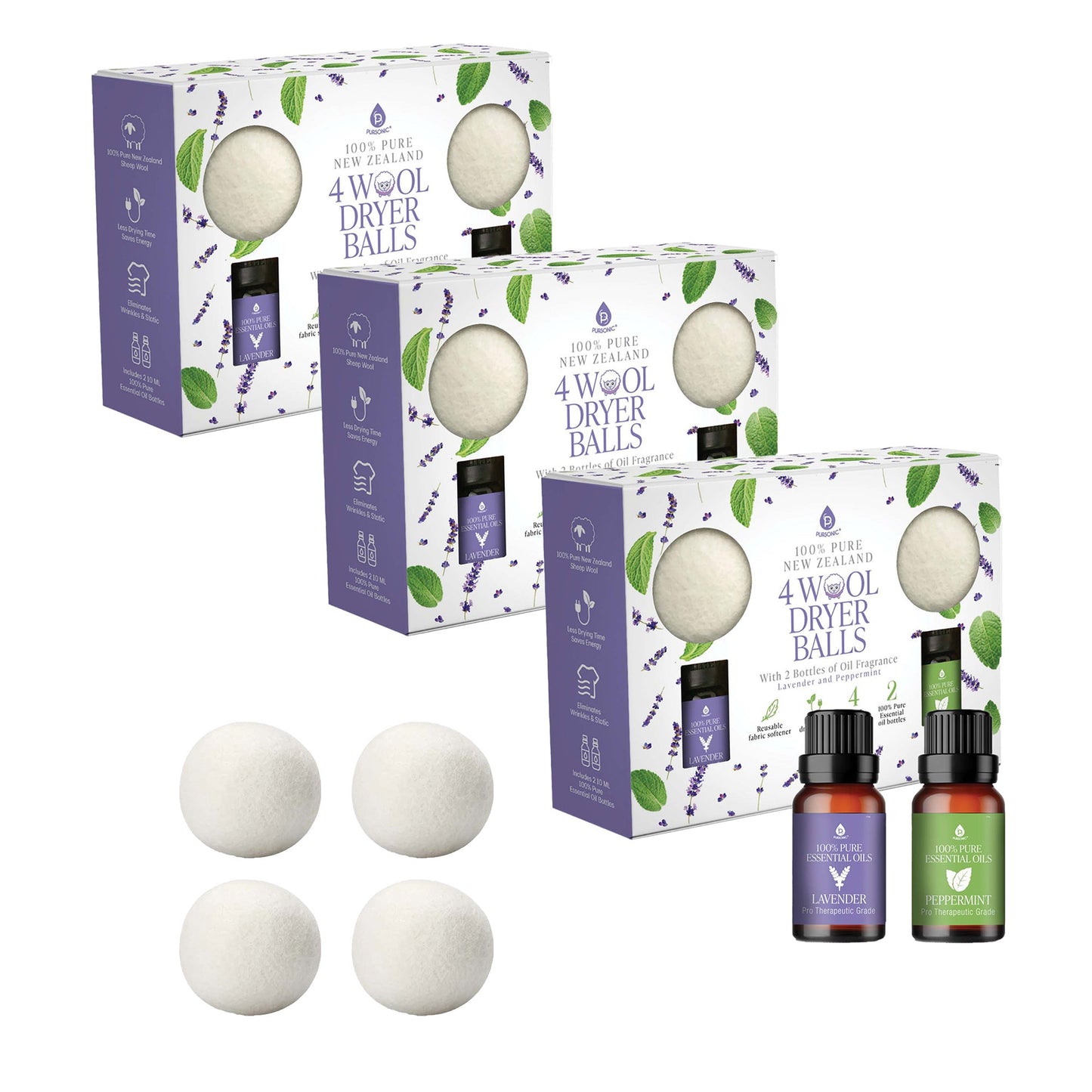 Pursonic Wool Dryer Balls Bundle – 3-Pack of Reusable Laundry Balls Made from Pure New Zealand Wool + Lavender & Peppermint Essential Oils