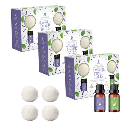 Pursonic Wool Dryer Balls Bundle – 3-Pack of Reusable Laundry Balls Made from Pure New Zealand Wool + Lavender & Peppermint Essential Oils