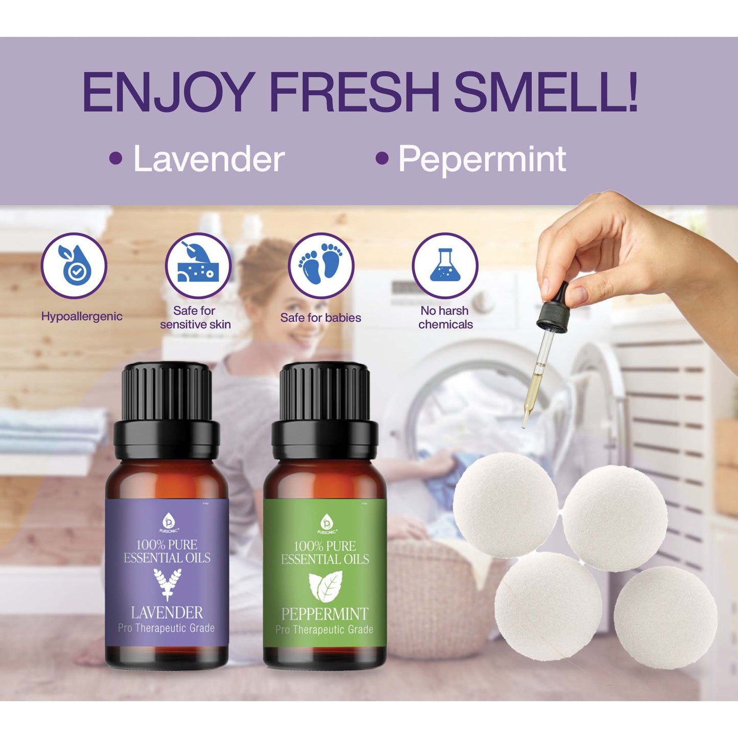 Pursonic Wool Dryer Balls Bundle – 3-Pack of Reusable Laundry Balls Made from Pure New Zealand Wool + Lavender & Peppermint Essential Oils