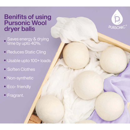 Pursonic Wool Dryer Balls Bundle – 3-Pack of Reusable Laundry Balls Made from Pure New Zealand Wool + Lavender & Peppermint Essential Oils
