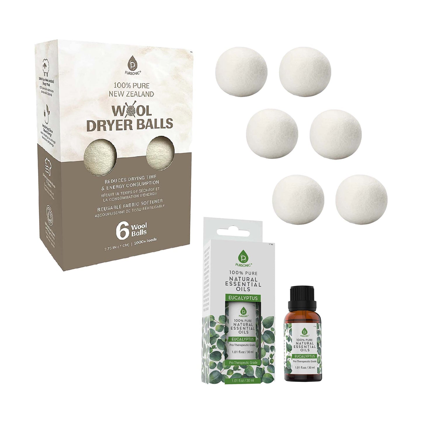 Pursonic Laundry Care Bundle – Wool Dryer Balls & Essential Oil Set