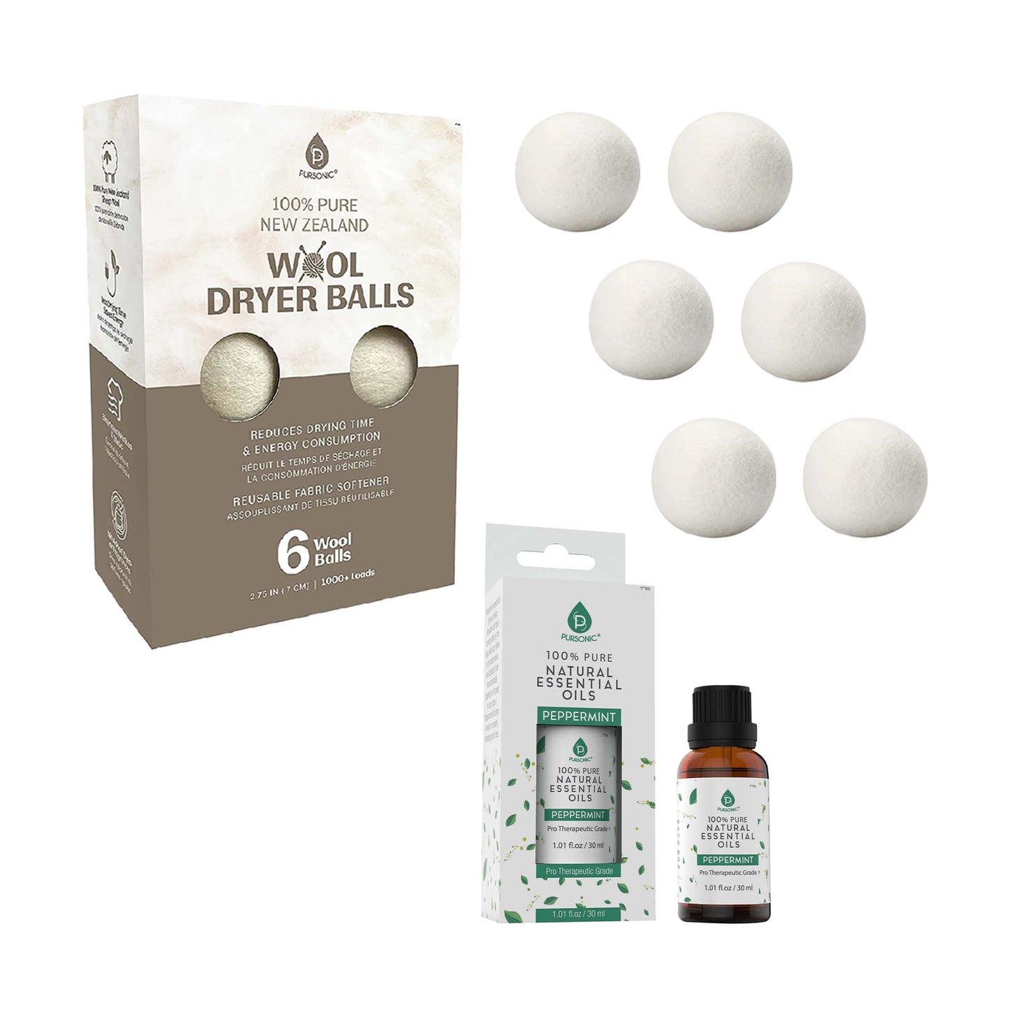 Pursonic Laundry Care Bundle – Wool Dryer Balls & Essential Oil Set