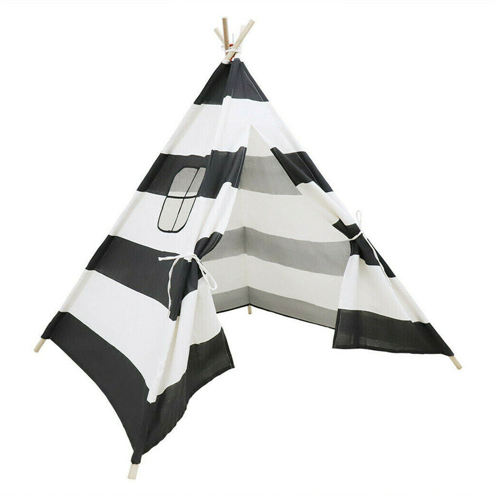 Kids Teepee Tent Linen Wood Black White Stripe Playhouse Indoor Garden