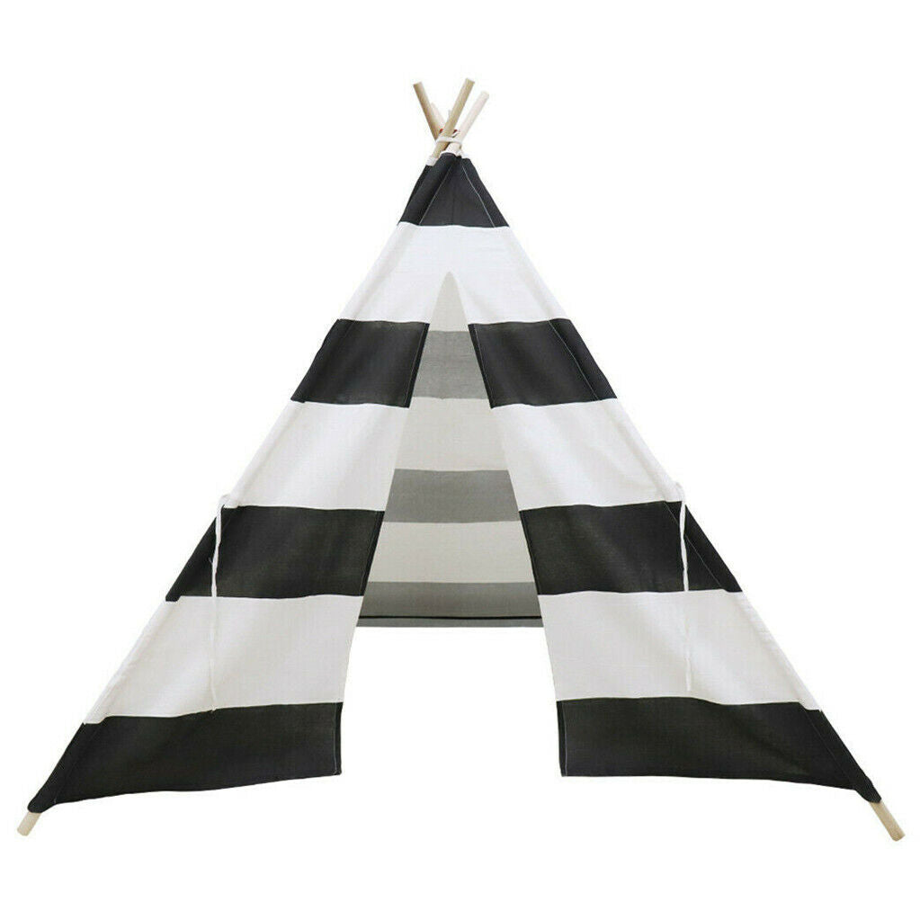Kids Teepee Tent Linen Wood Black White Stripe Playhouse Indoor Garden