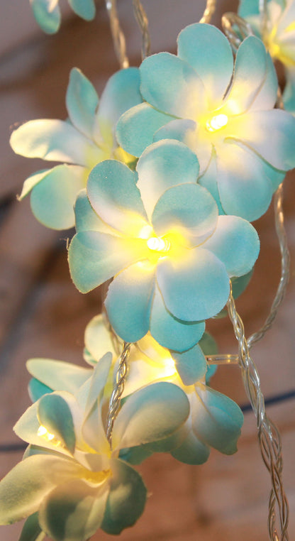 1 Set of 50 LED Tropical Blue Frangipani Flower Battery 5m LONG String Lights Christmas Gift Home Wedding Beach Party Decoration Outdoor Table Centrepiece