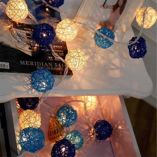 1 Set of Blue n White 5cm Rattan Cane 50 Ball Battery Powered LONG 5m String Lights Christmas Gift Home Wedding Party Bedroom Decoration Table Centrepiece