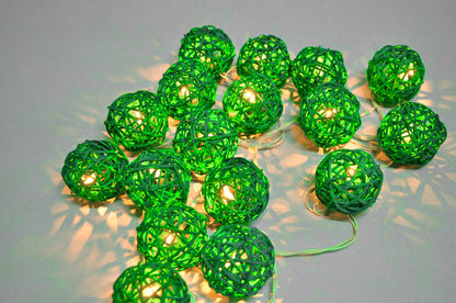 1 Set of Green 5cm Rattan Cane 20 Ball Battery Powered 3m String Lights Christmas Gift Home Wedding Party Bedroom Decoration Table Centrepiece