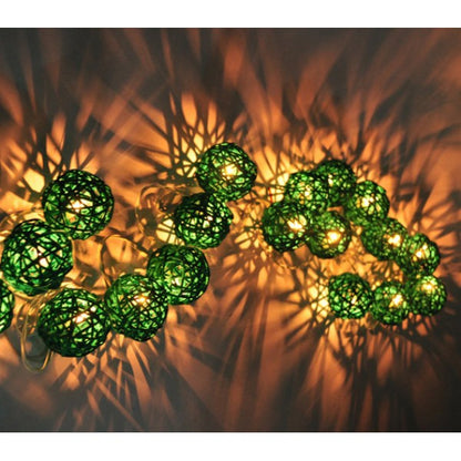 1 Set of Green 5cm Rattan Cane 50 Ball Battery Powered LONG 5m String Lights Christmas Gift Home Wedding Party Bedroom Decoration Table Centrepiece