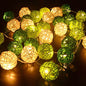 1 Set of Green n White 5cm Rattan Cane 20 Ball Battery Powered 3m String Lights Christmas Gift Home Wedding Party Bedroom Decoration Table Centrepiece