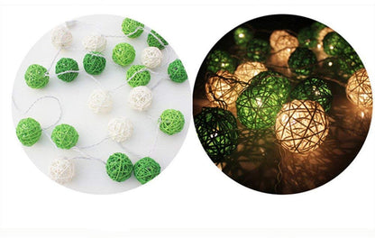 1 Set of Green n White 5cm Rattan Cane 50 Ball Battery Powered LONG 5m String Lights Christmas Gift Home Wedding Party Bedroom Decoration Table Centrepiece