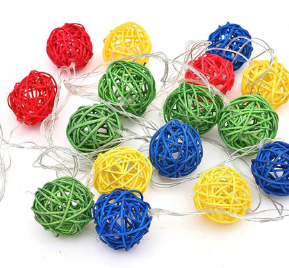 1 Set of Multi Coloured 5cm Rattan Cane 50 Ball Battery Powered LONG 5m String Lights Christmas Gift Home Wedding Party Bedroom Decoration Table Centrepiece