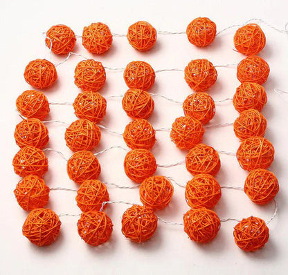 1 Set of Orange 5cm Rattan Cane 50 Ball Battery Powered LONG 5m String Lights Christmas Gift Home Wedding Party Bedroom Decoration Table Centrepiece