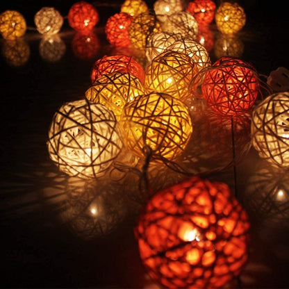 1 Set of Orange n White 5cm Rattan Cane 20 Ball Battery Powered 3m String Lights Christmas Gift Home Wedding Party Bedroom Decoration Table Centrepiece