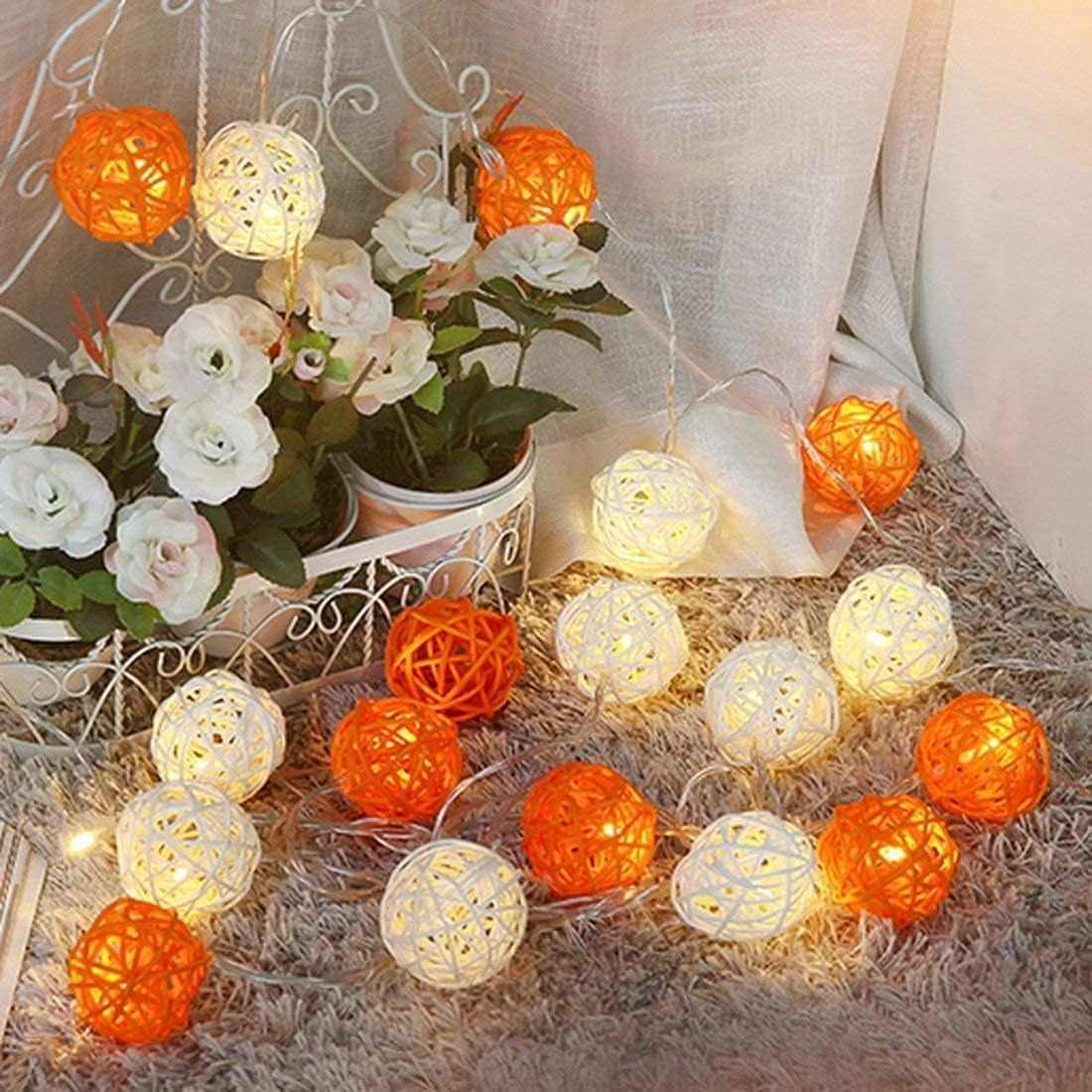 1 Set of Orange n White 5cm Rattan Cane 50 Ball Battery Powered LONG 5m String Lights Christmas Gift Home Wedding Party Bedroom Decoration Table Centrepiece