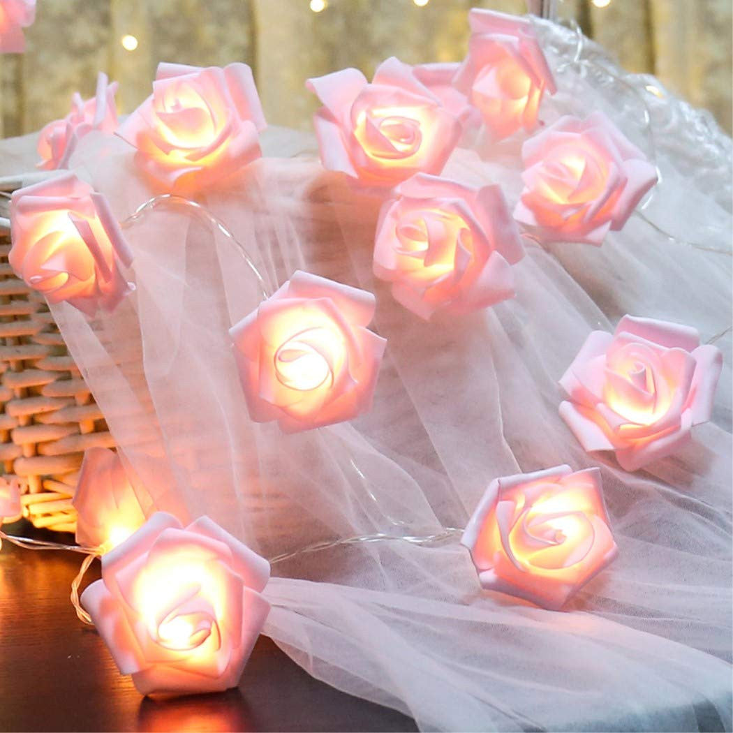 50 Pink Rose 3D Fairy Lights 5M LONG String, Battery (AA) Indoor & Outdoor Decorations Wedding Valentines Romantic Room Table Lighting