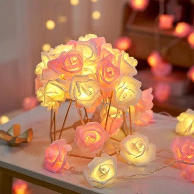 50 Pink n White Rose 3D Fairy Lights 5M LONG String, Battery (AA) Indoor & Outdoor Decorations Wedding Valentines Romantic Room Table Lighting