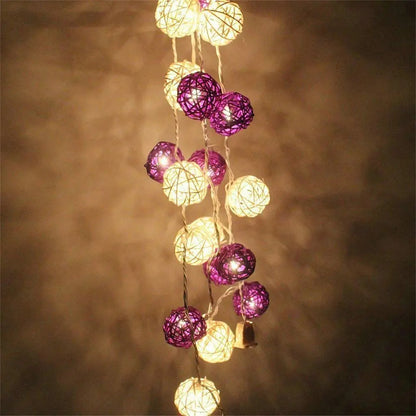 1 Set of Purple n White 5cm Rattan Cane 50 Ball Battery Powered LONG 5m String Lights Christmas Gift Home Wedding Party Bedroom Decoration Table Centrepiece