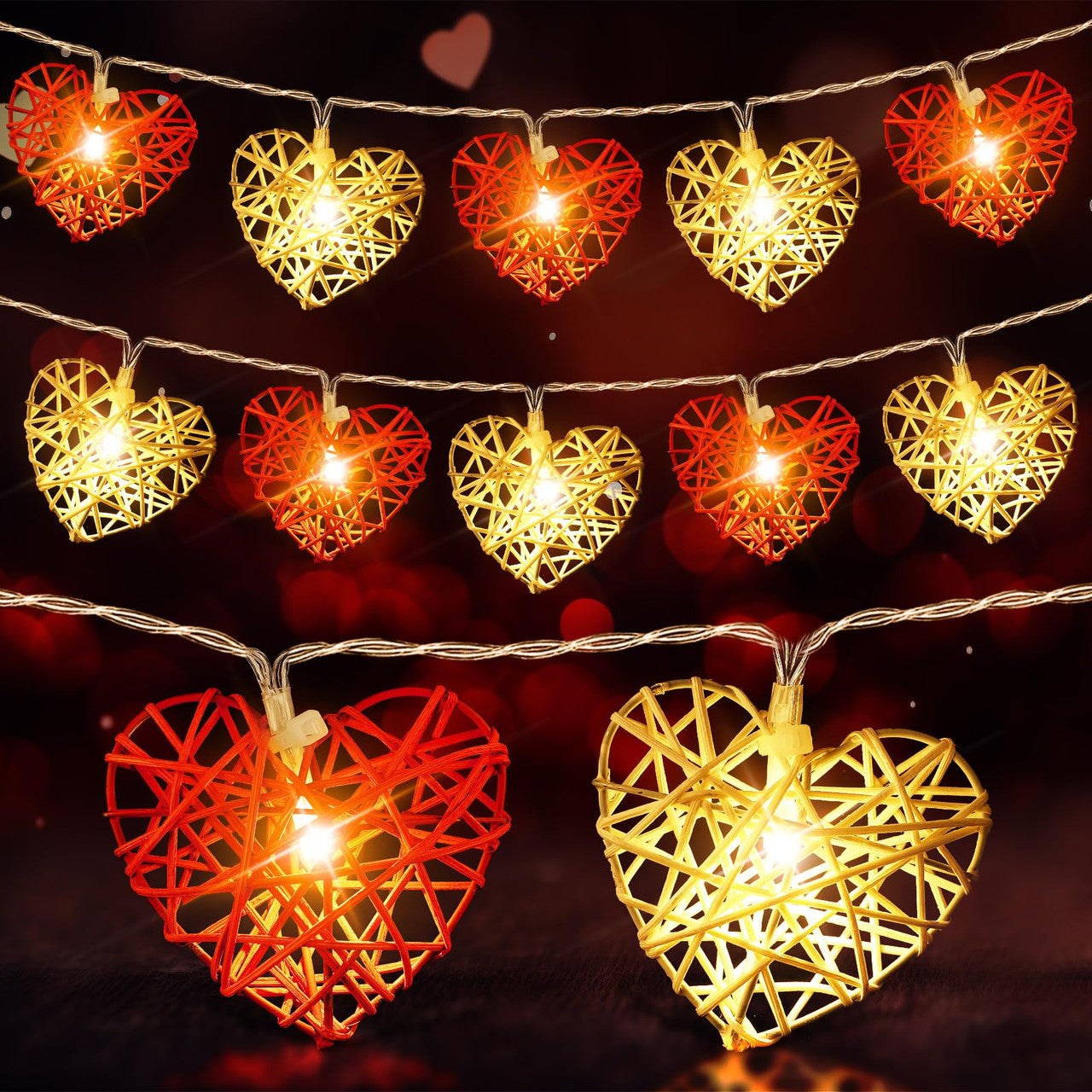 20 Red and White 3D Hollowed Rattan Heart-Shaped 3M String Fairy Lights, Battery (AA) Indoor & Outdoor Decorations Wedding Valentines Romantic Room Table Lighting
