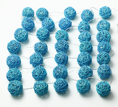 1 Set of Turquoise Blue 5cm Rattan Cane 50 Ball Battery Powered LONG 5m String Lights Christmas Gift Home Wedding Party Bedroom Decoration Table Centrepiece