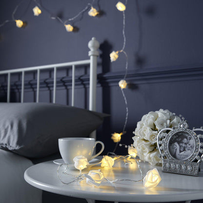 20 White Rose 3D Fairy Lights 3M String, Battery (AA) Indoor & Outdoor Decorations Wedding Valentines Romantic Room Table Lighting