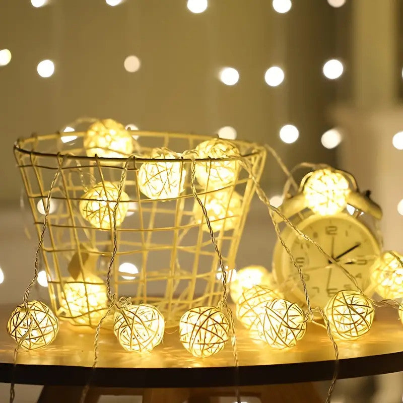 1 Set of Yellow 5cm Rattan Cane 20 Ball Battery Power 3m String Lights Christmas Gift Home Wedding Party Bedroom Decoration Table Centrepiece