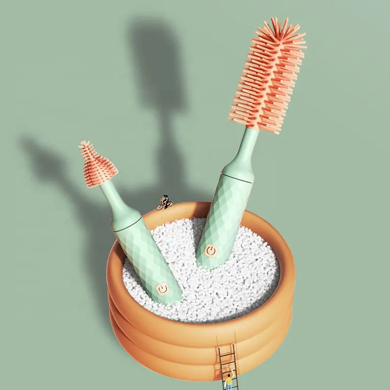 Vibe Geeks 360° Rotation Long Handle Reusable Silicone Baby Bottle Brush Set - Green