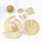 Beige 8-Piece Silicone Children's Tableware Set - BPA-Free Baby Feeding Utensils with Wooden Fork and Spoon, Cup, Bowl, and Bibs