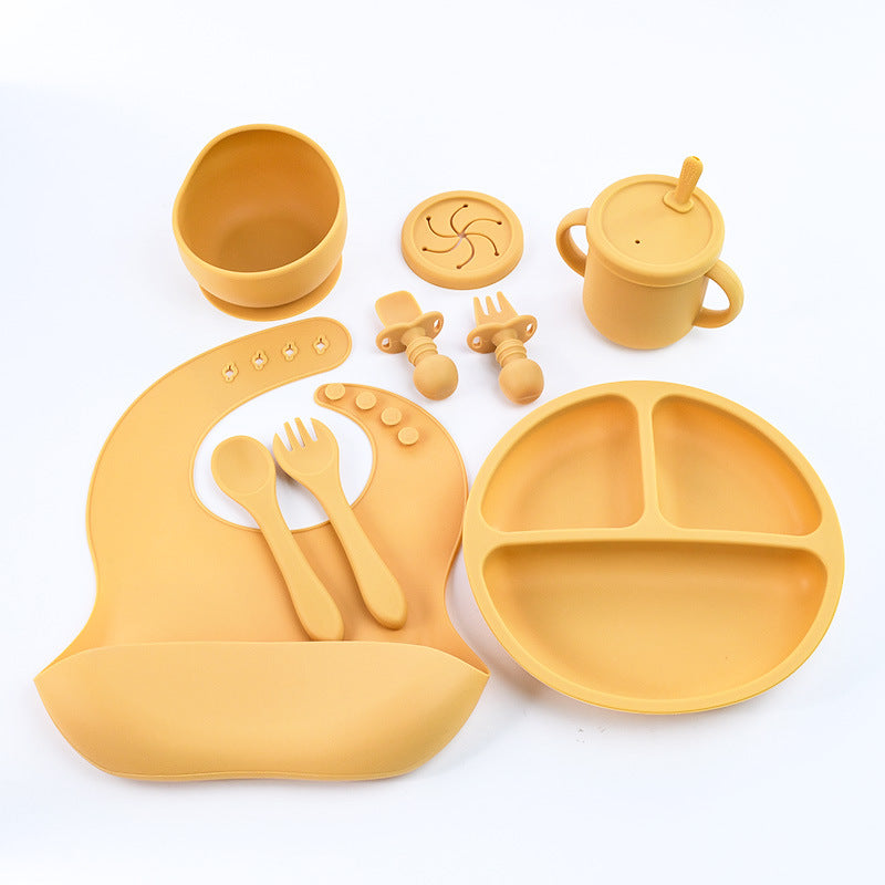 Yellow 8-Piece Silicone Children's Tableware Set - BPA-Free Baby Feeding Utensils with Fork, Spoon, Cup, Bowl, and Bibs