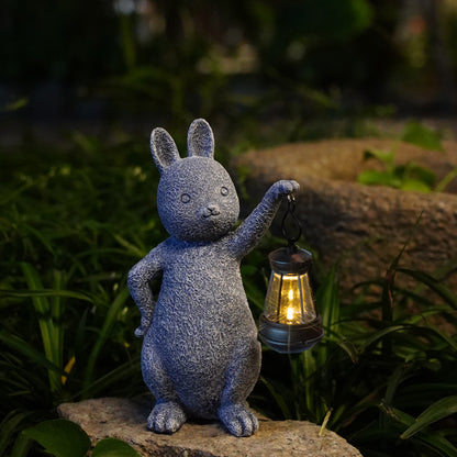 Green Solar-Powered Rabbit Statue with LED Lantern - Cute Garden & Lawn Decoration