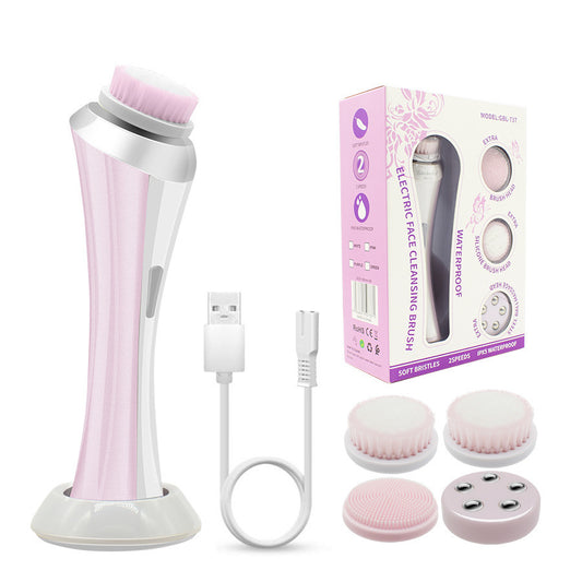 Pink Rechargeable Facial Cleansing Brush Kit with 4 Heads & Charging Dock