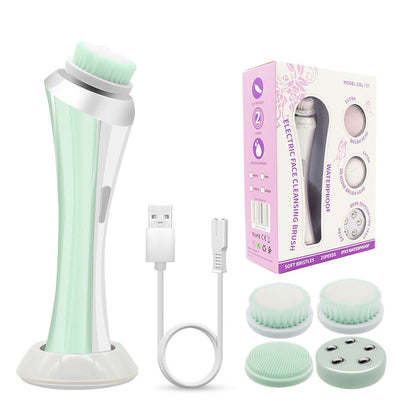 Green Rechargeable Facial Cleansing Brush Kit with 4 Heads & Charging Dock