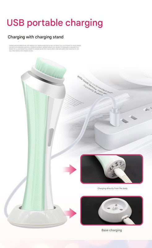 Green Rechargeable Facial Cleansing Brush Kit with 4 Heads & Charging Dock