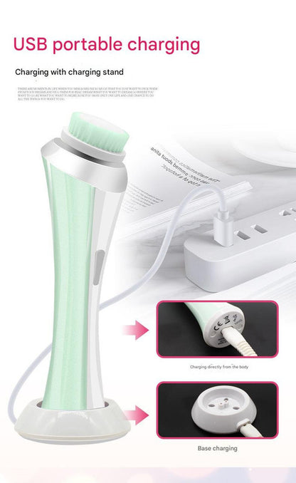 Green Rechargeable Facial Cleansing Brush Kit with 4 Heads & Charging Dock