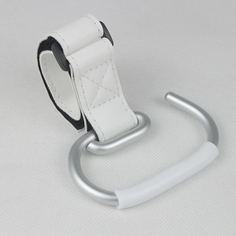 White Stroller Hooks 4-Pack - Leather and Alloy Pram Hooks with Velcro for Mom Bags and Accessories