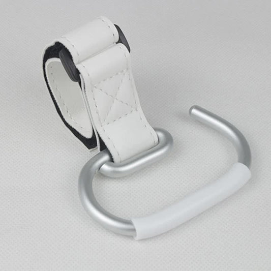 White Stroller Hooks 4-Pack - Leather and Alloy Pram Hooks with Velcro for Mom Bags and Accessories