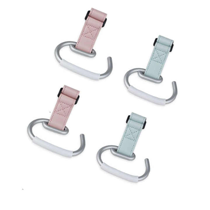 White Stroller Hooks 4-Pack - Leather and Alloy Pram Hooks with Velcro for Mom Bags and Accessories