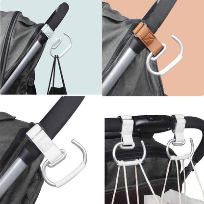 Grey Stroller Hooks 4-Pack - Leather and Alloy Pram Hooks with Velcro for Mom Bags and Accessories