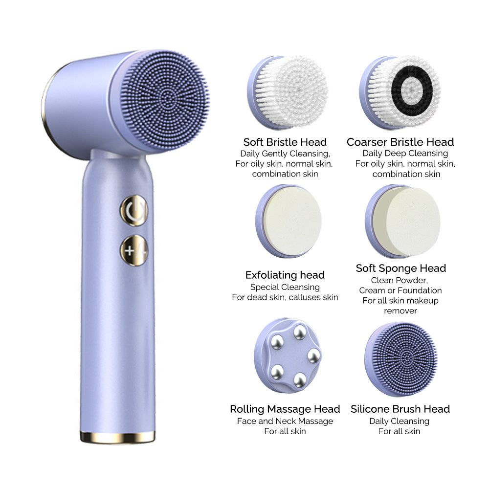 White 6-in-1 Electric Facial Cleansing Brush Set - Rechargeable & Waterproof