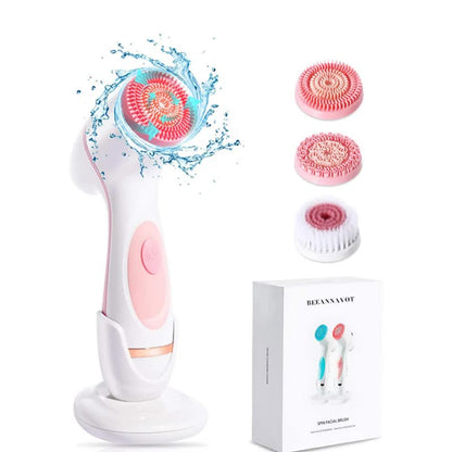 Pink Waterproof Facial Cleansing Spin Brush Set - Rechargeable with 3 Heads & Charging Stand