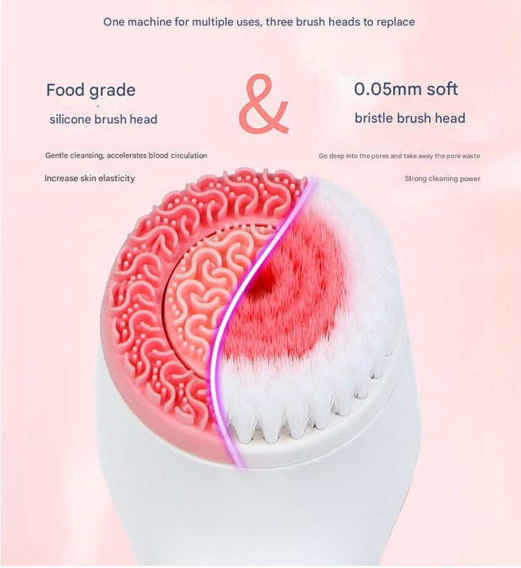 Pink Waterproof Facial Cleansing Spin Brush Set - Rechargeable with 3 Heads & Charging Stand