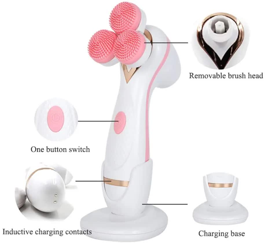Blue 3-Head Electric Facial Cleansing Brush - Rechargeable Spin Scrubber Kit