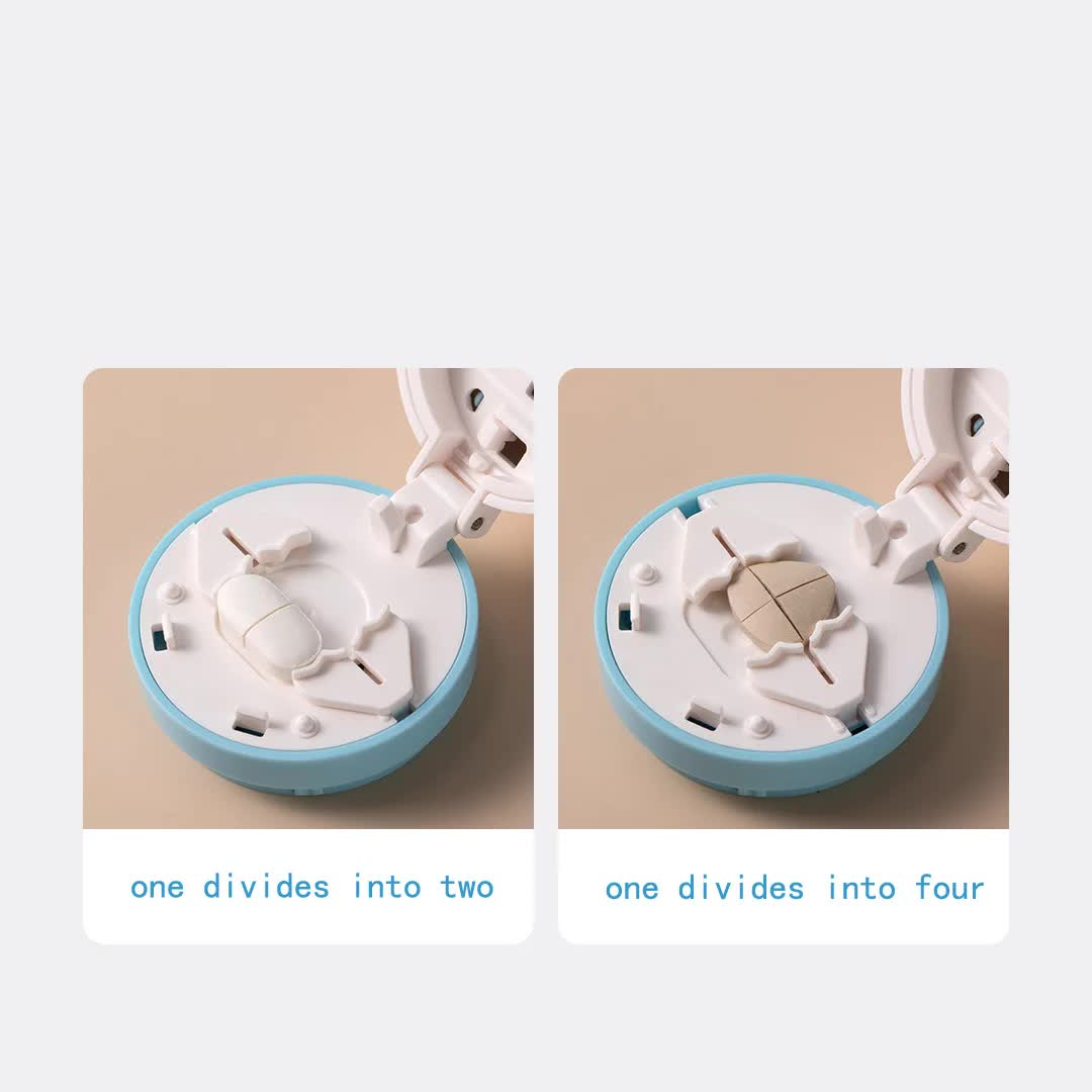 White And Blue 3-in-1 Pill Cutter Crusher & Storage Box - Portable Tablet Splitter Grinder for Precise Dosing