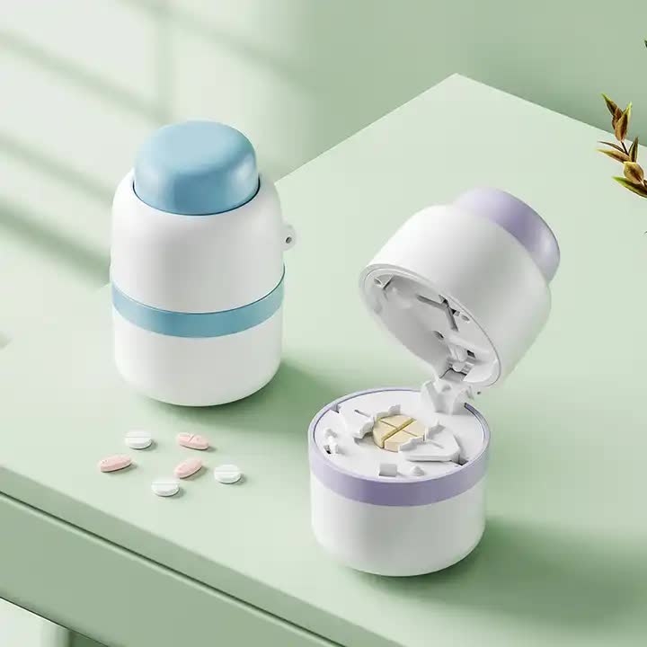 White And Blue 3-in-1 Pill Cutter Crusher & Storage Box - Portable Tablet Splitter Grinder for Precise Dosing