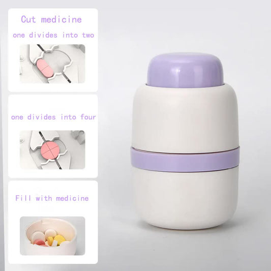 White And Purple 3-in-1 Pill Cutter Crusher & Storage Box - Portable Tablet Splitter Grinder for Precise Dosing